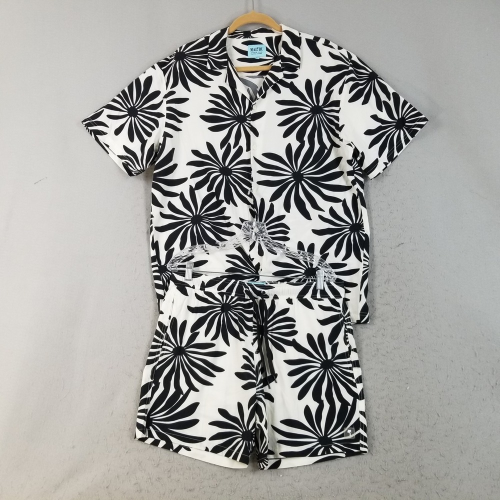 Malibu Beach Club Swim Set Men XL White Black Floral Resort Microfiber 2pc Set